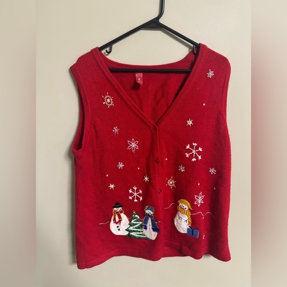Christmas Snowman Snowflake Red Embroidered Sweater Vest 90's Style Size Large